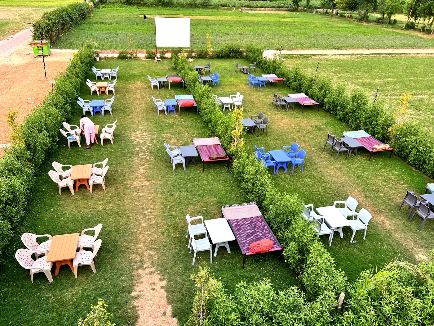 Aerial view of the whole café garden surrounded by fields